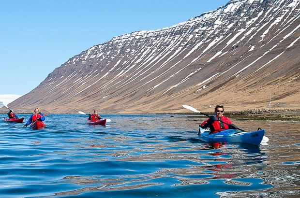 group kayaking tour in Icelandic fjord