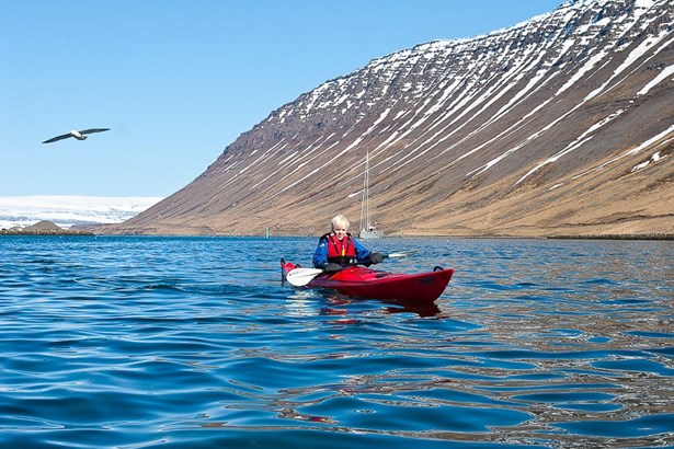 woman kayaking in Isafjordur's fjord of Iceland