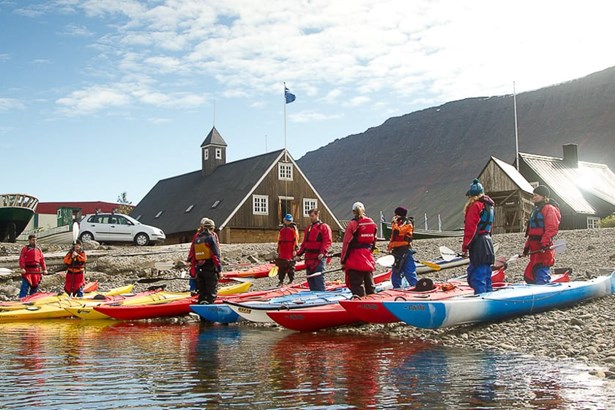 group preparing for kayaking tour in Iceland