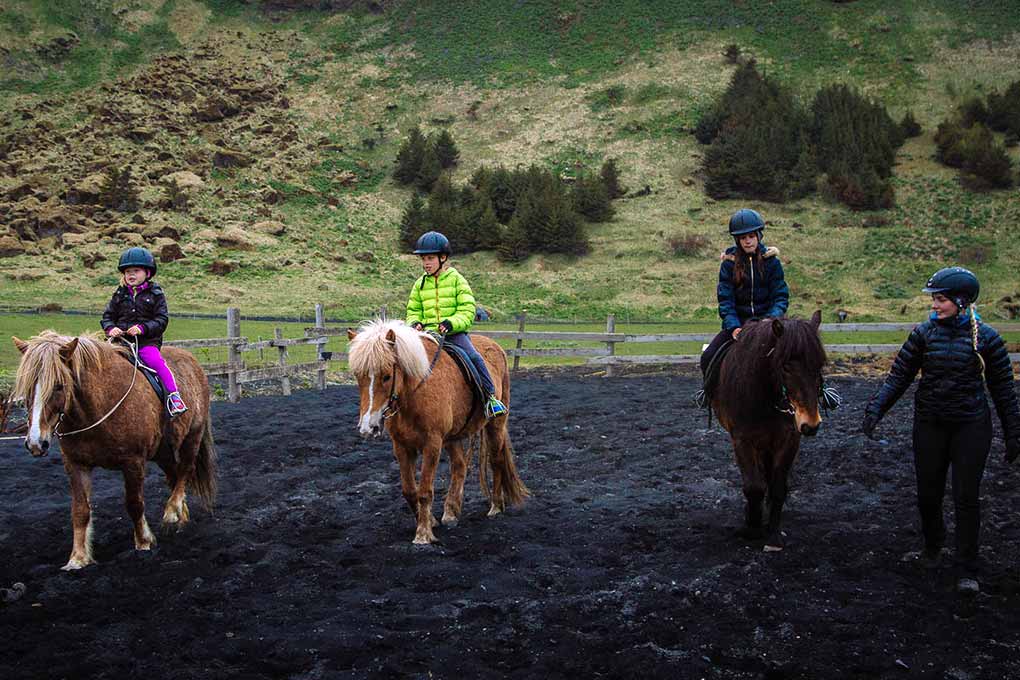 children learning riding horses