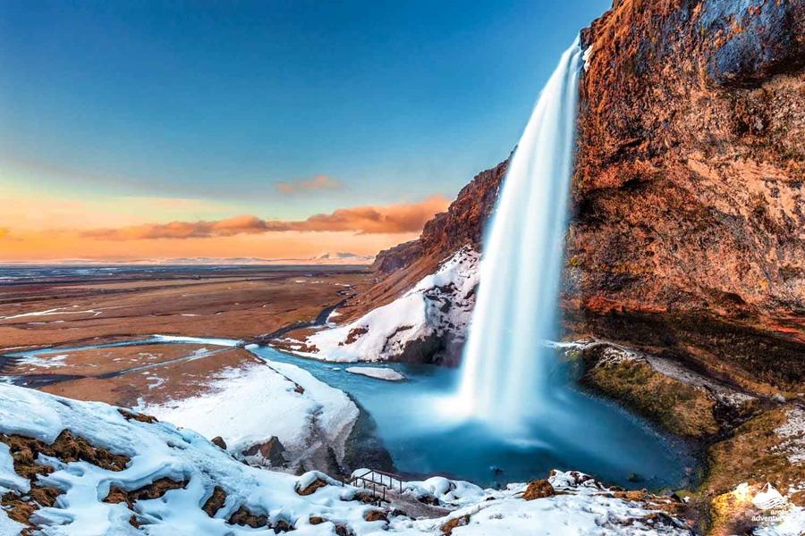 Seljalandsfoss waterfall in winter