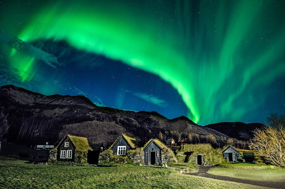 Northern Lights above museum in Iceland