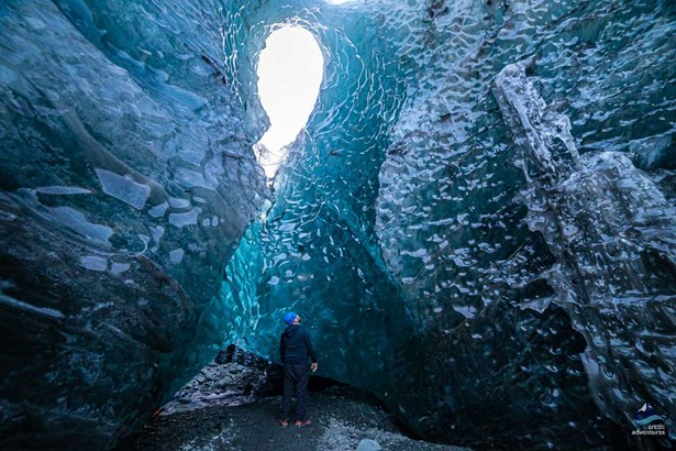 blue ice crevasses in ice cave