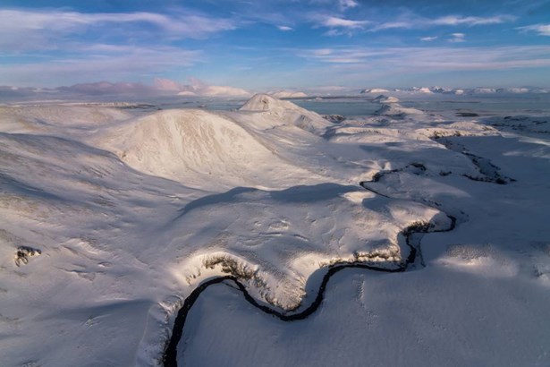 Icelandic mountains landscape helicopter view