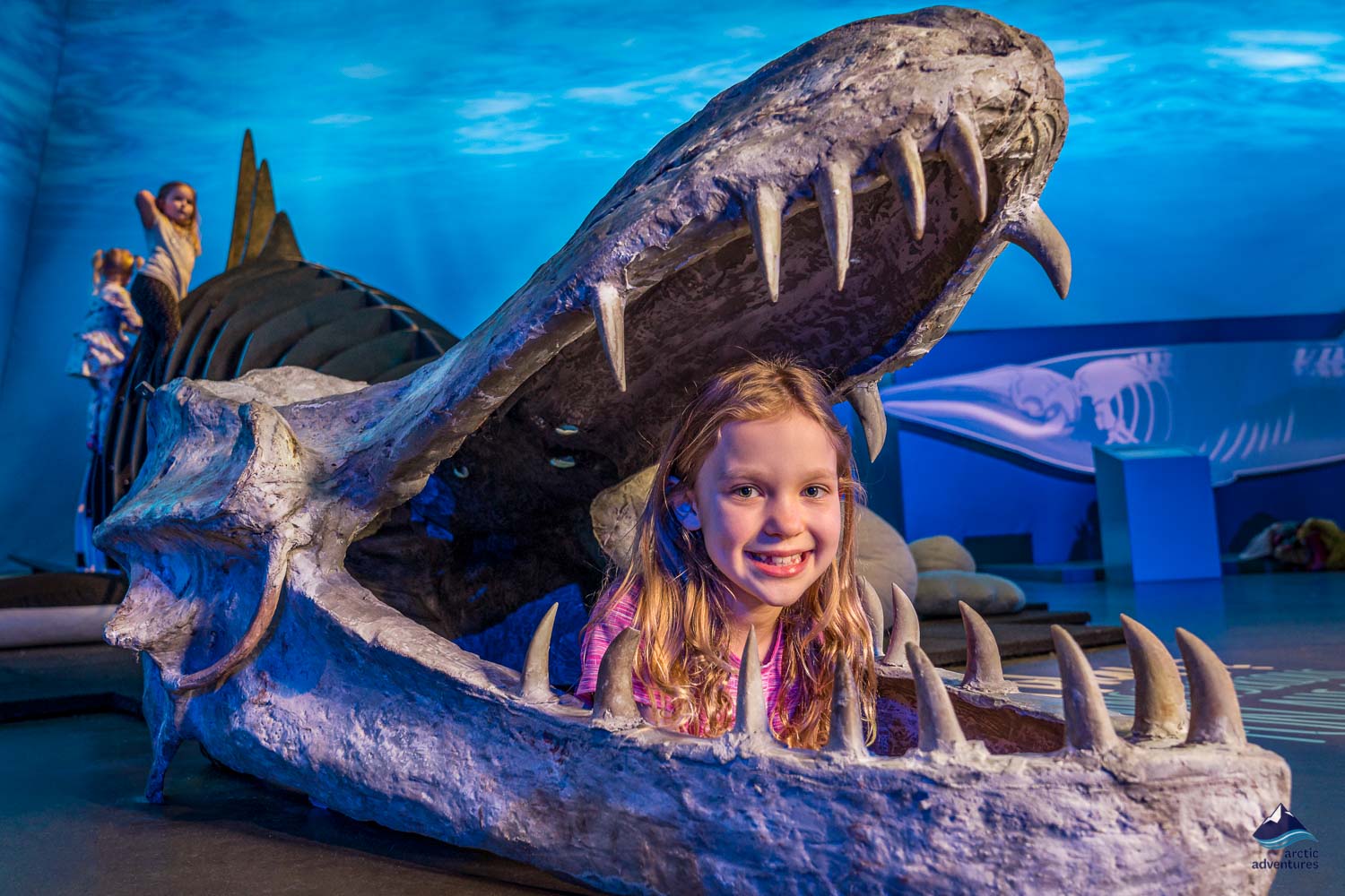 Girl playing in a whale sculpture in Whales of Iceland museum
