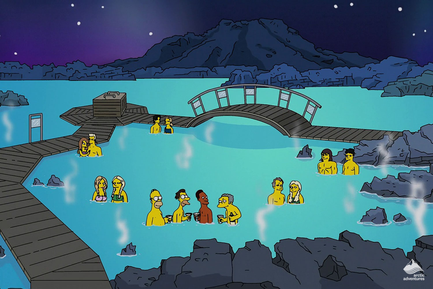 simpsons in iceland's blue lagoon