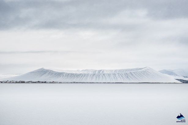 landscape of Hverfjall volcano crater in winter