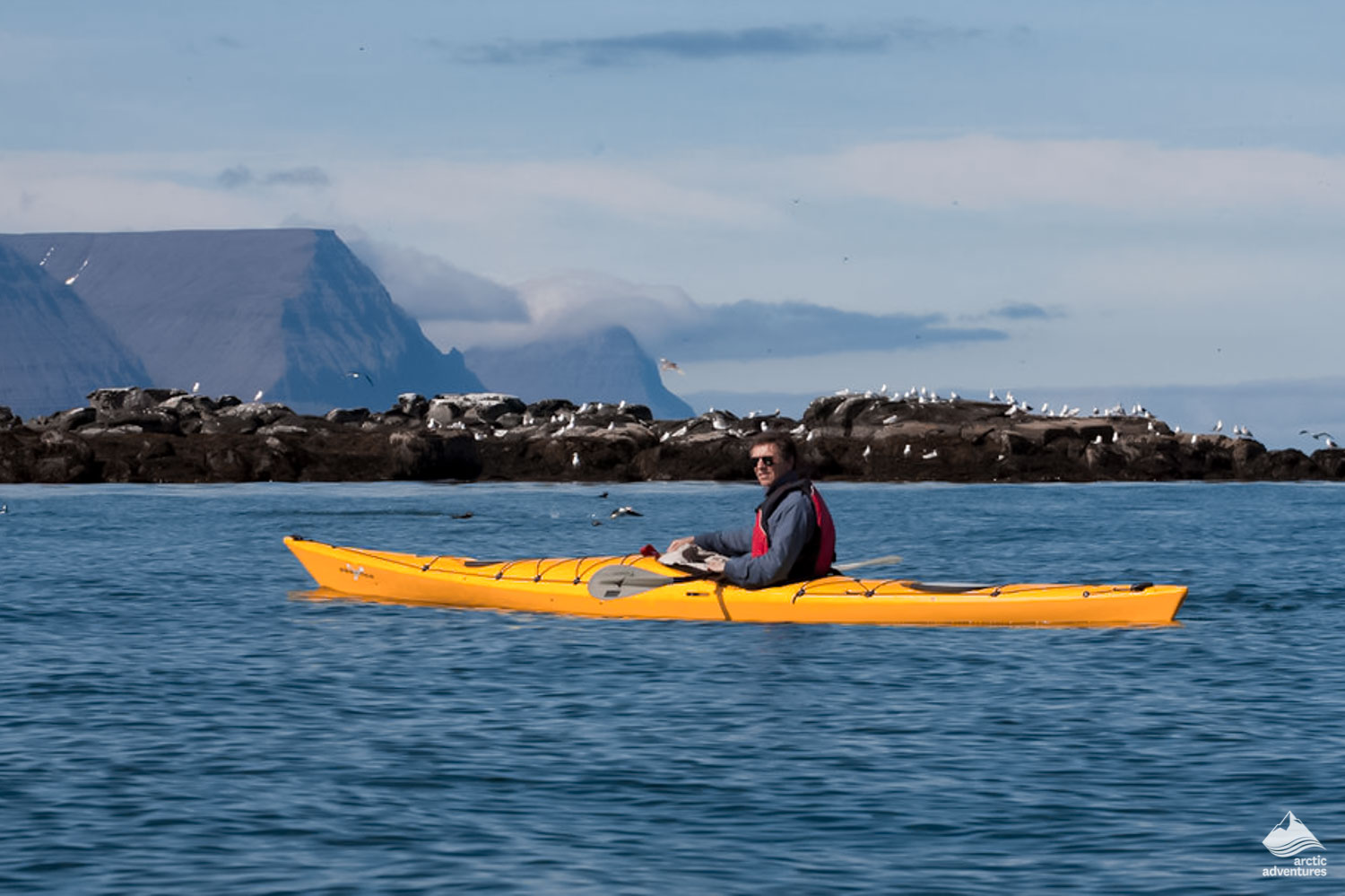 man kayaking in Westfjords Sea