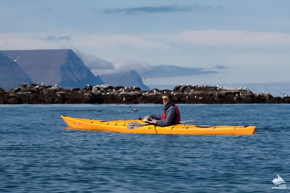 man kayaking in Westfjords Sea