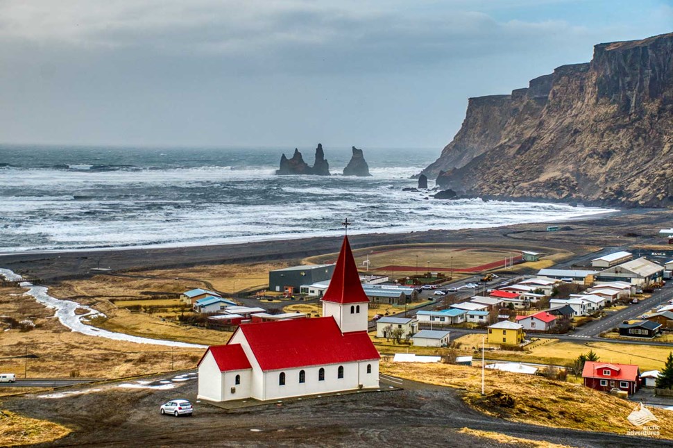 Icelandic coastal town of Vik with a view of the stormy seas
