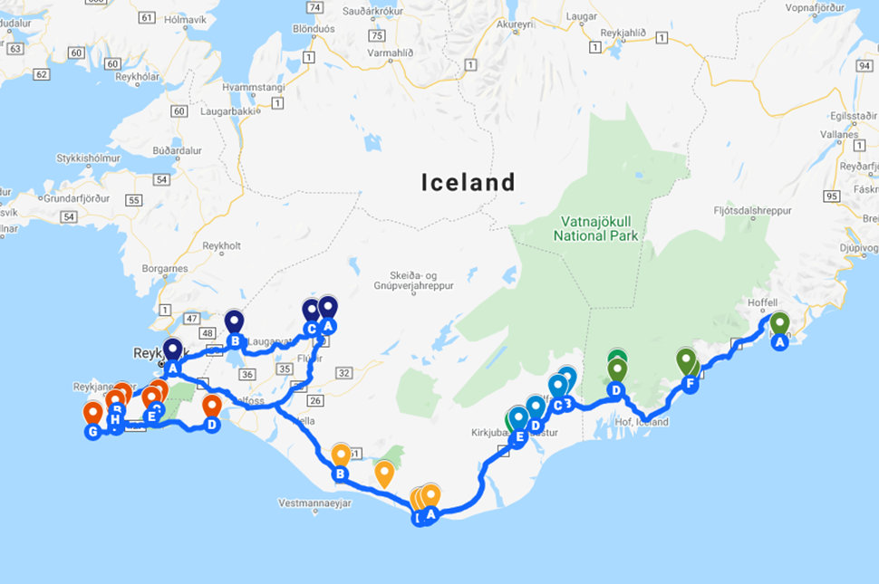 5 Day Self Drive Itinerary map in Iceland