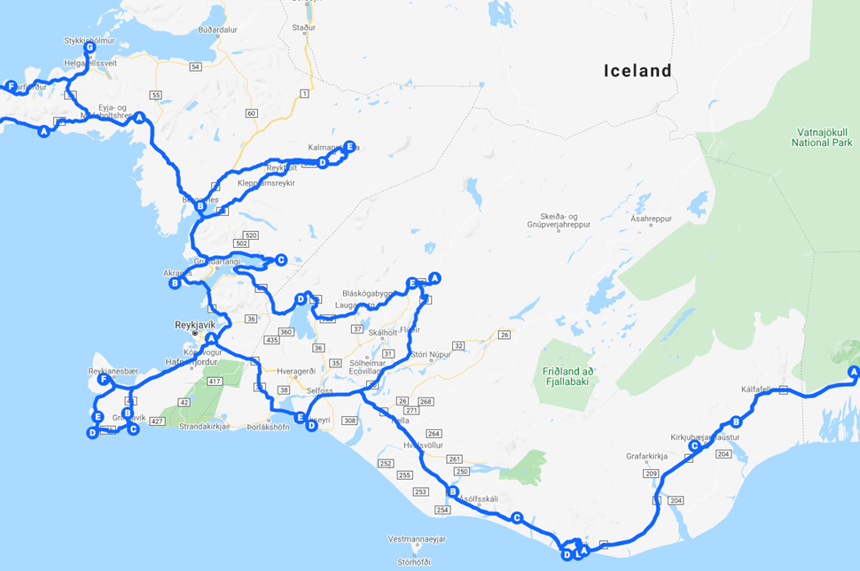 7 Day Self Drive Itinerary Map of Iceland