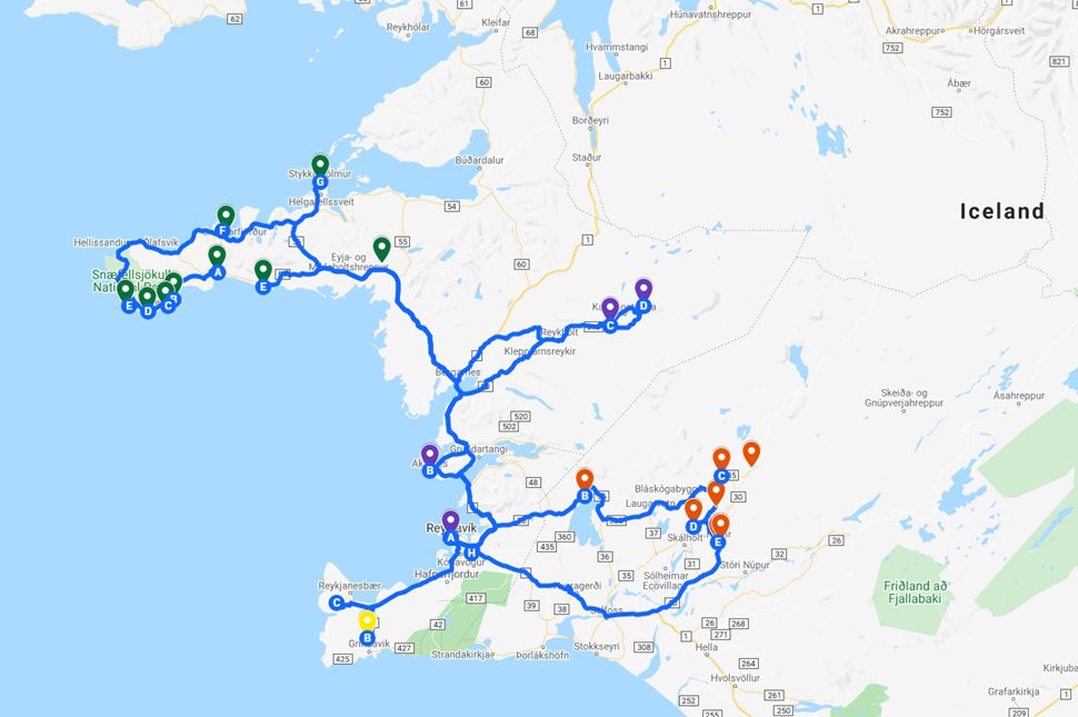 Map of 4 Day Itinerary in Iceland