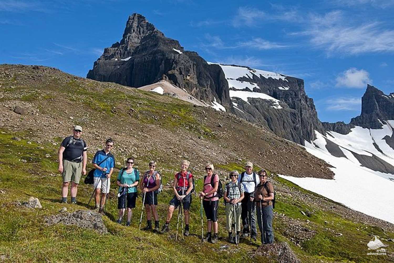 group hiking in Iceland at Borgarfjordur Eystr fjord