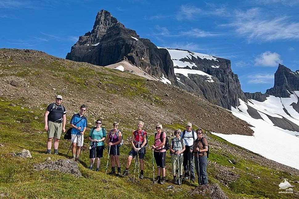 group hiking in Iceland at Borgarfjordur Eystr fjord