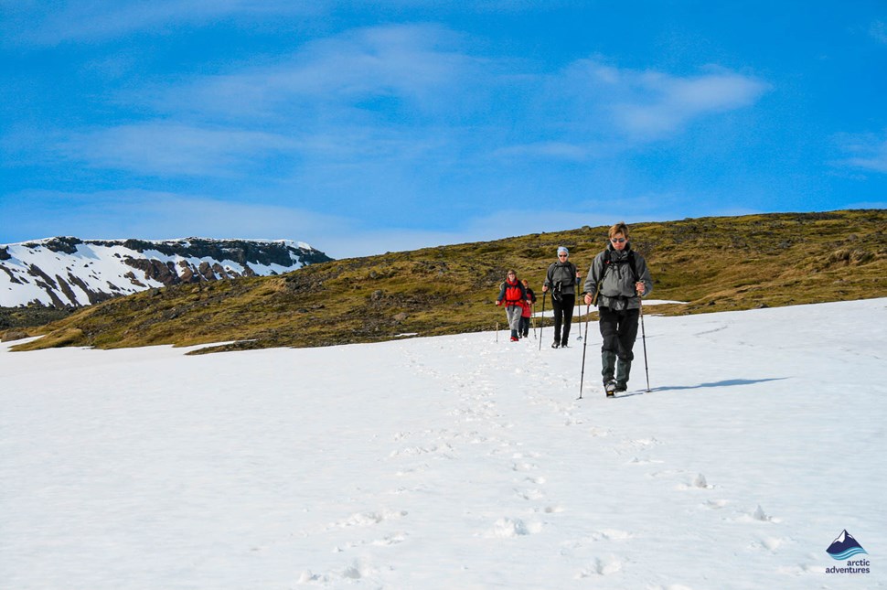 group hiking at Eyjafjallajokull trekking trail in Iceland