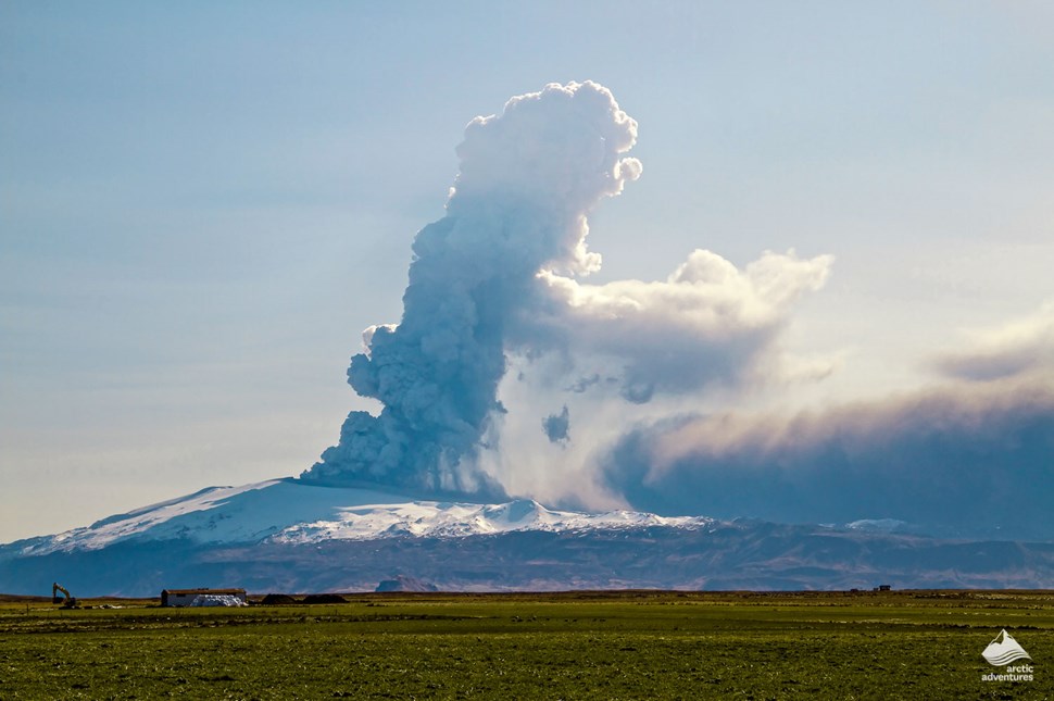 smoke over Eyjafjallajokull volcano during eruption