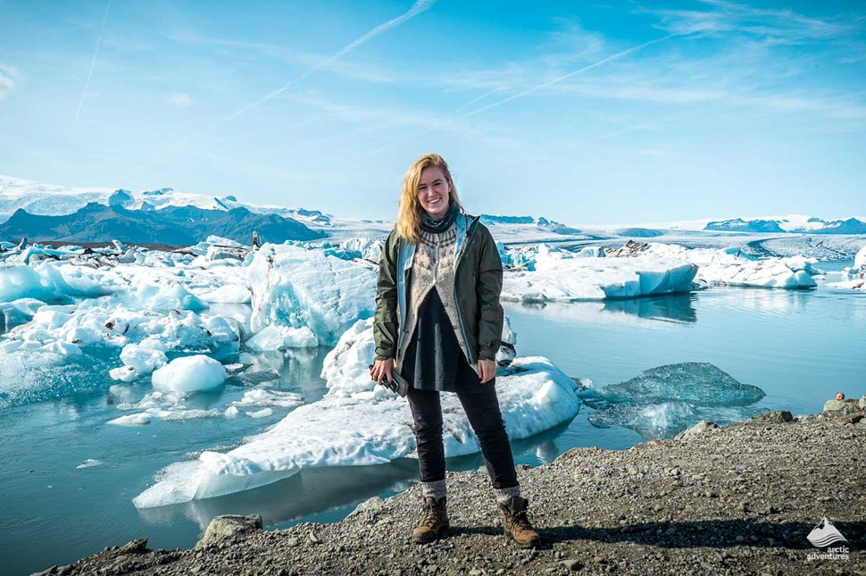 woman posing near Jokulsarlon glacier lagoon