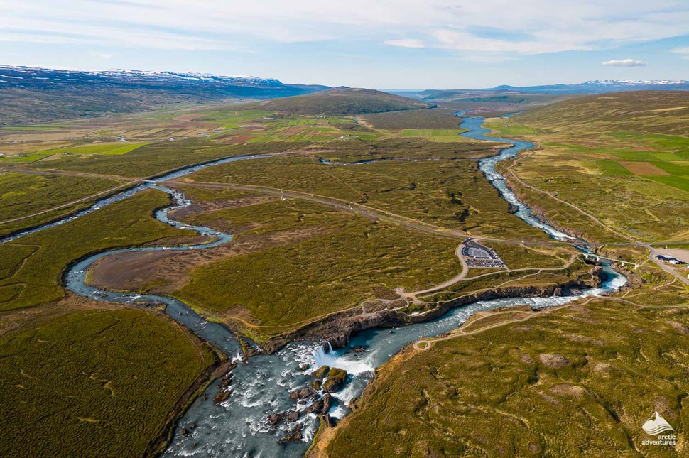view of Godafoss Waterfall zone from above