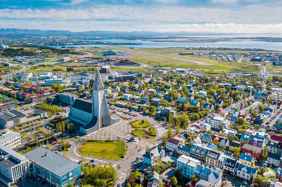 Hallgrimskirkja Church in Reykjavik from above