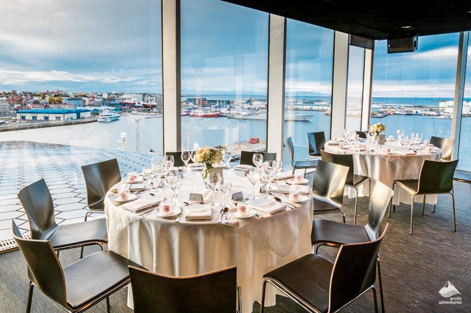 Harpa's concert hall restaurant with a view