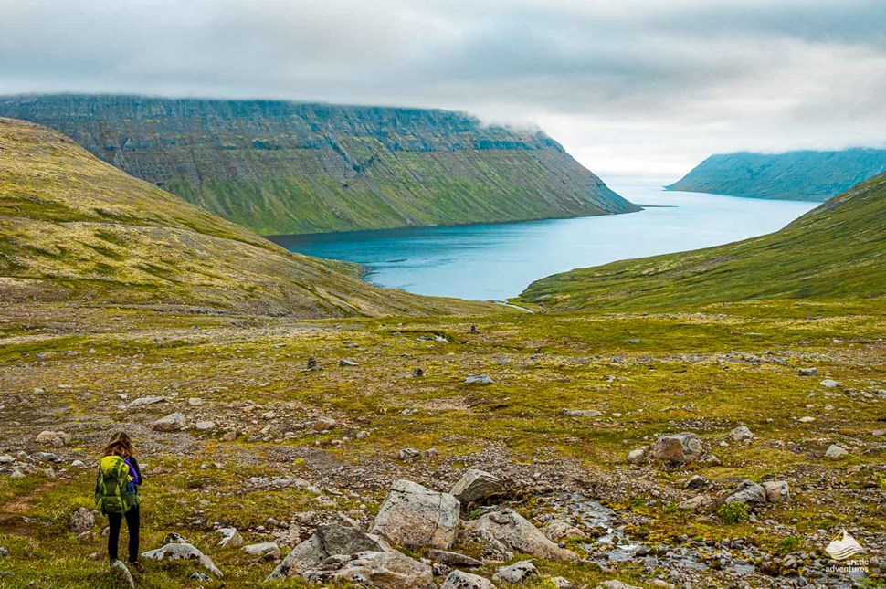 woman looking at Hornstrandir hike landscape