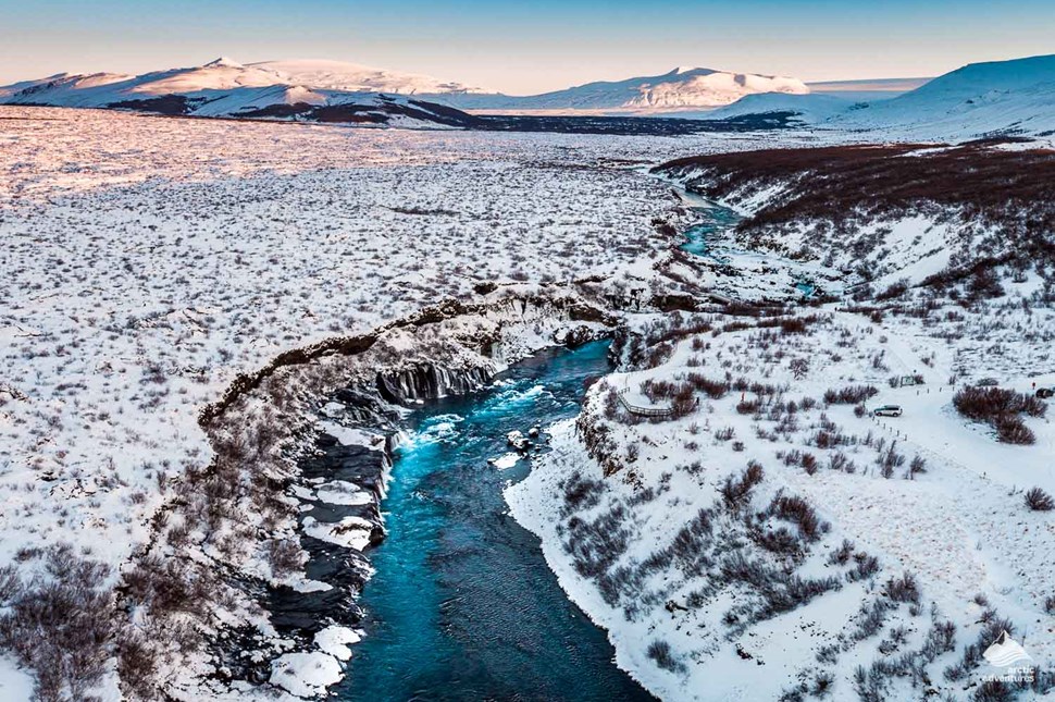 Hraunfossar Waterfall from above in winter