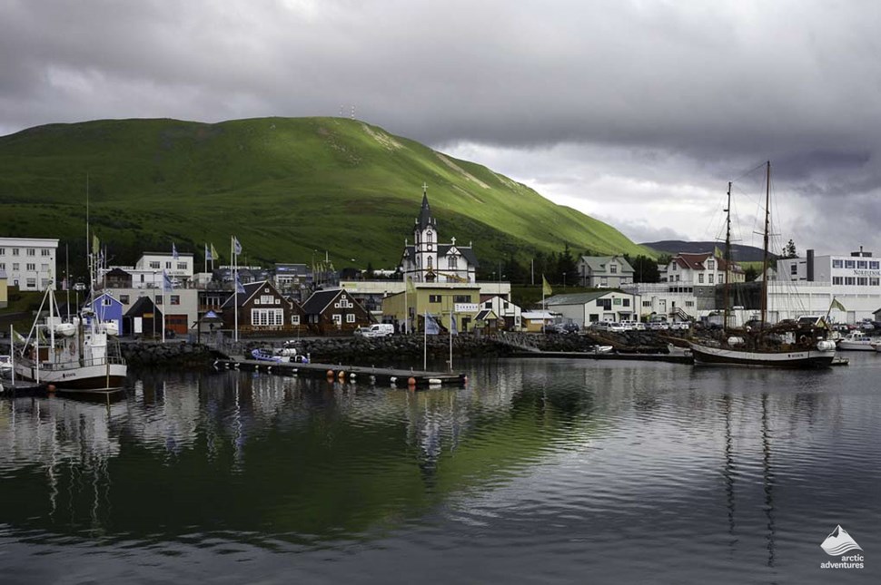 Husavik village harbor in Iceland