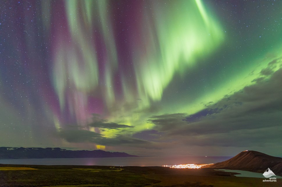 Northern Auroras over Husavik village