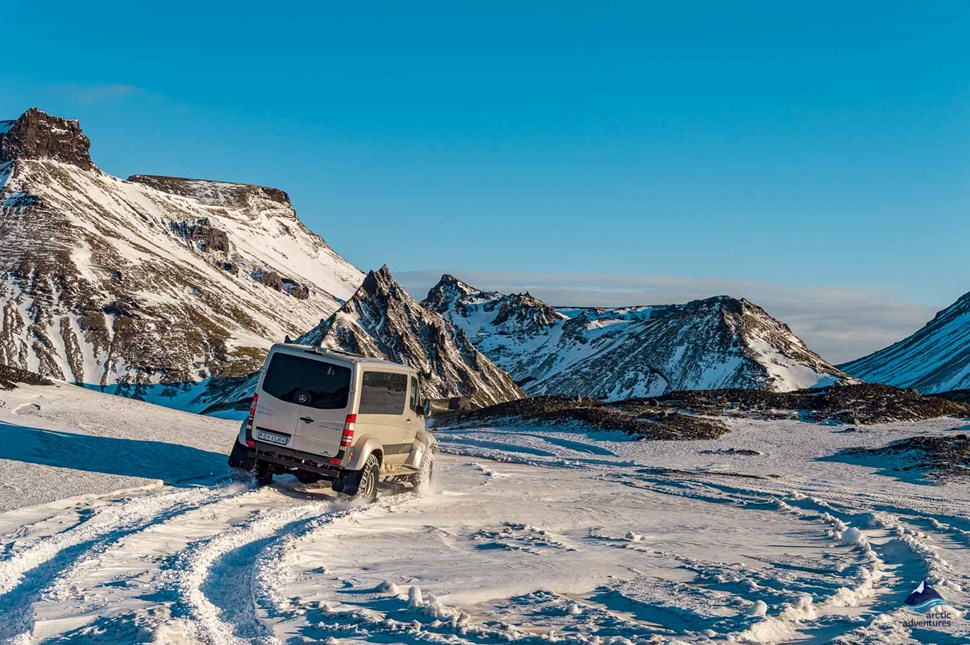 Jeep driving to Katla volcano in winter