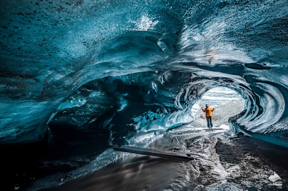 woman in ice cave of Katla volcano