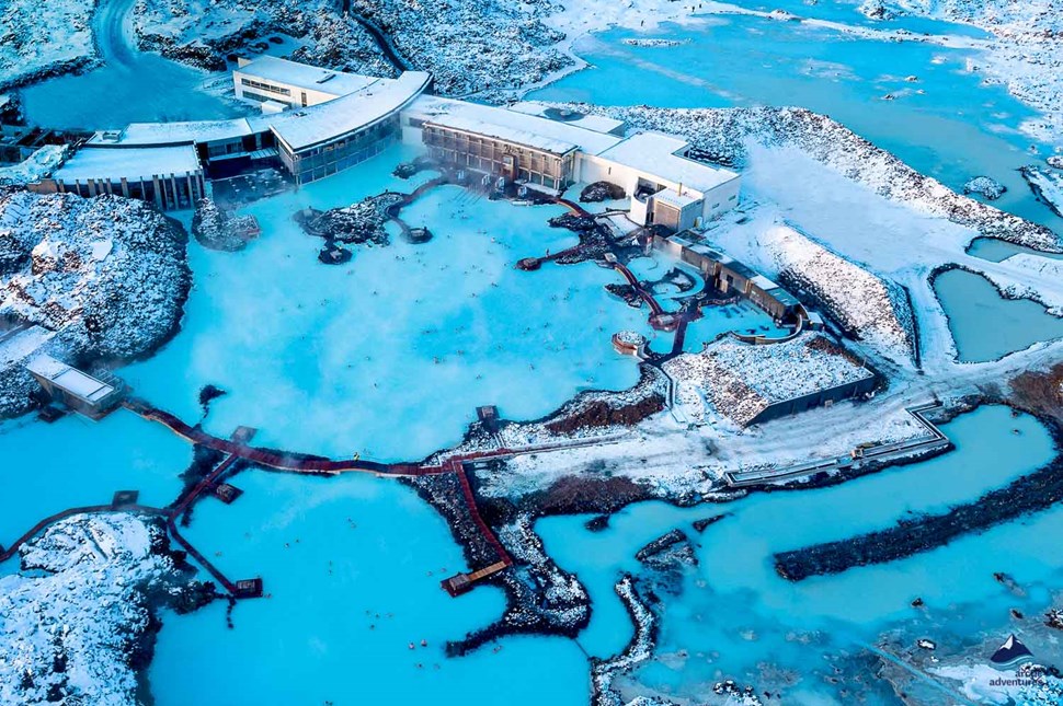 view from above of blue lagoon in Iceland