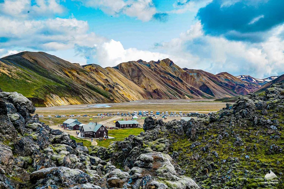 camping site surrounded by mountains in Landmannalaugar