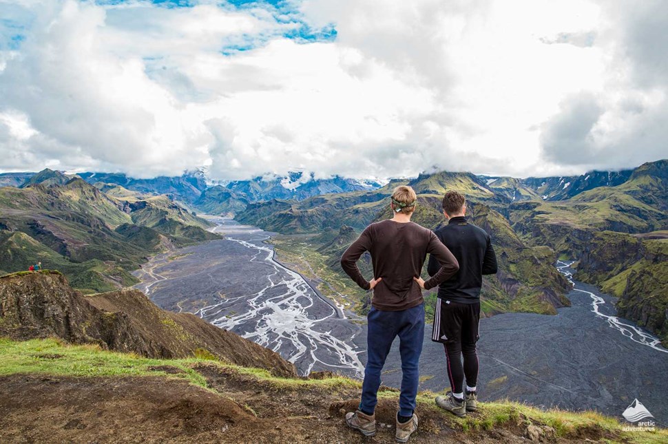 hikers looking at Thorsmork area from mountain