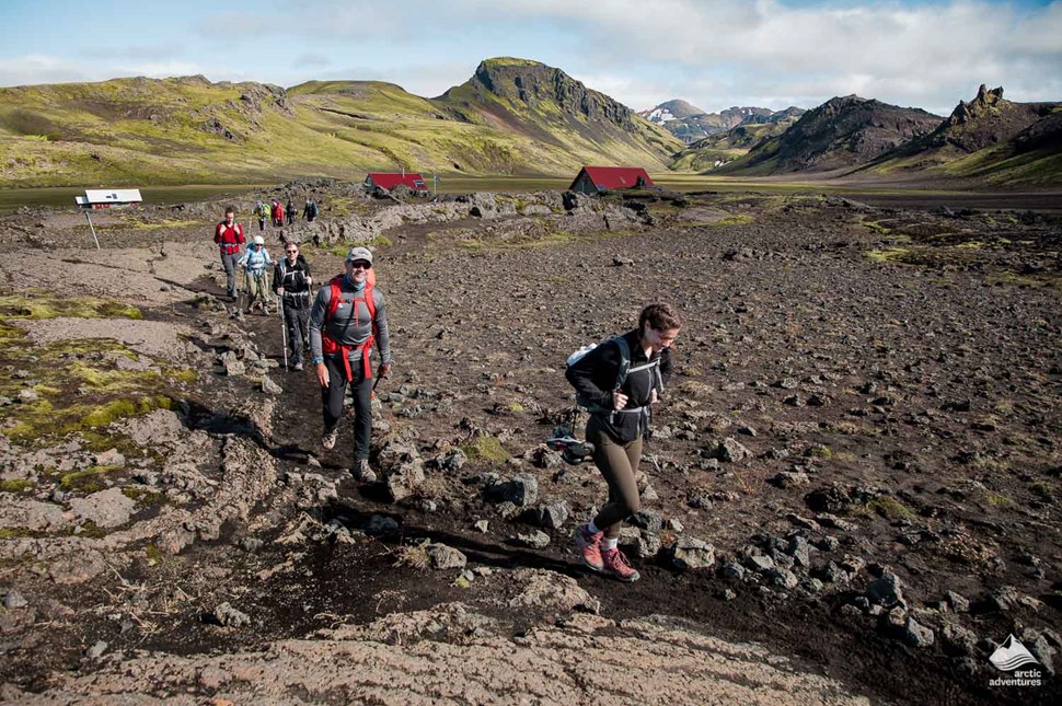 group hiking on Laugavegur trail in Iceland