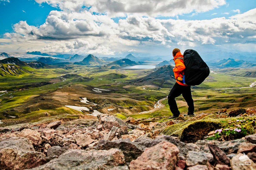 hiker enjoying panorama of Laugavegur Trail area