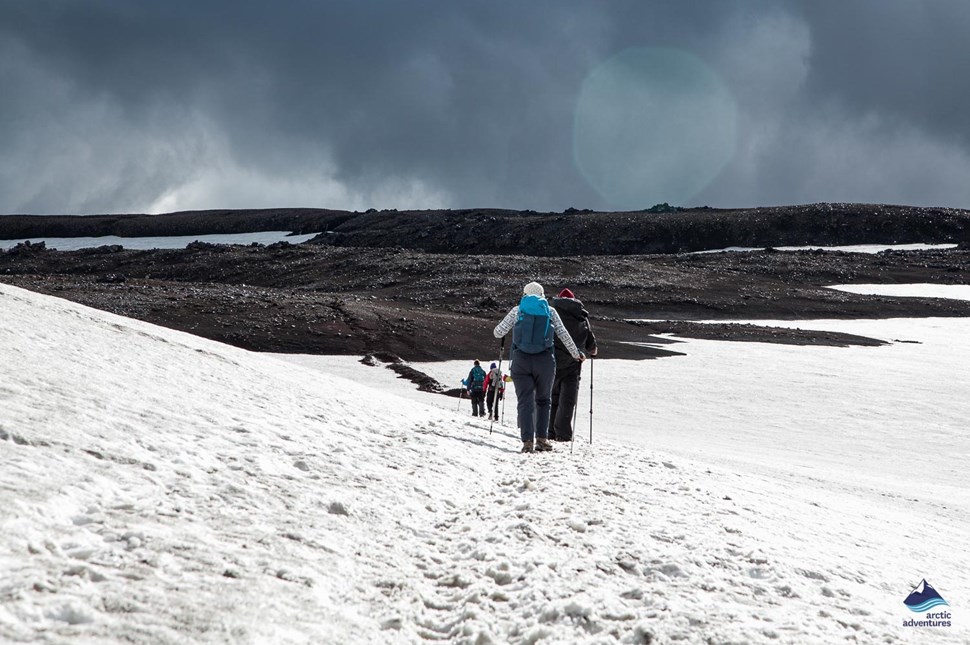 group trekking at Laugavegutr trail in winter