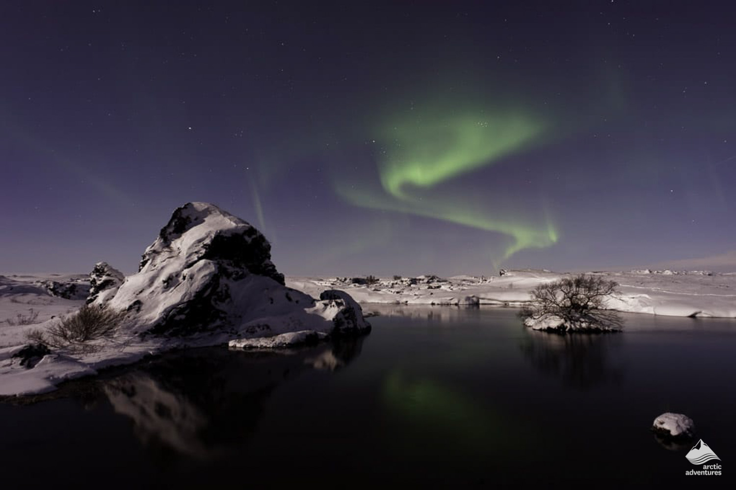 Northern Auroras over Myvatn lake in winter