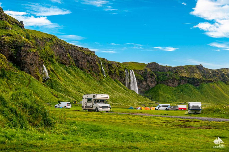 camping site near Seljalandsfoss waterfall in summer