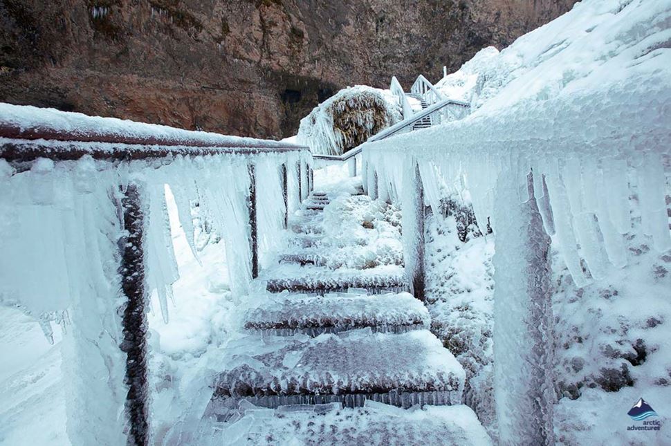 frozen stairs at Seljalandsfoss Waterfall in Iceland