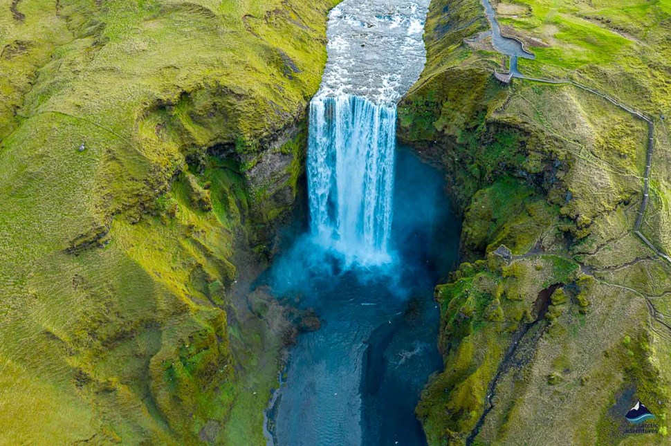 Skogafoss Waterfall drone view from above