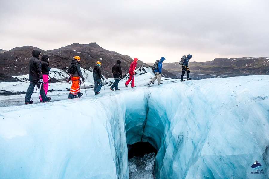 group hikes on Solheimajokull Glacier