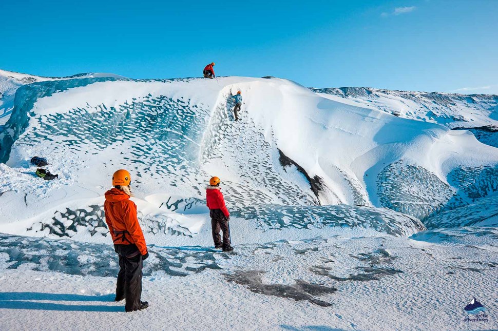 group climbing on Solheimajokull Glacier in Iceland