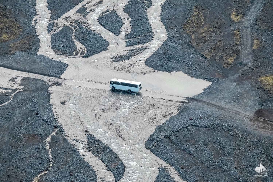 Aerial view of a bus in Thorsmork