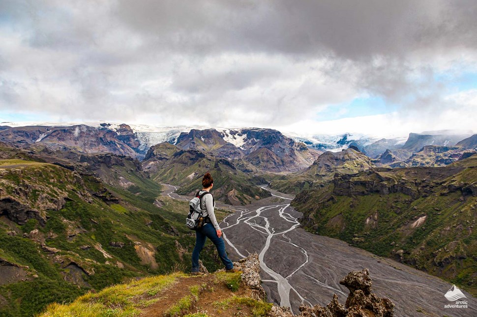 woman standing in front of Thorsmork mountains