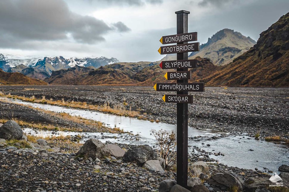 Signpost at Thorsmork hiking trek