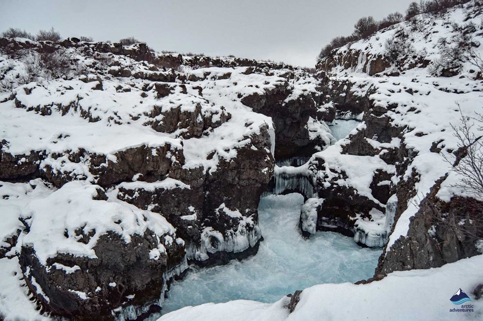 iceland's Barnafoss waterfall in winter