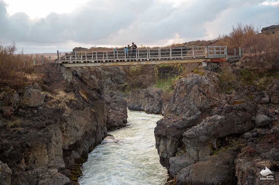 Footbridge across Barnafoss waterfall  in Iceland