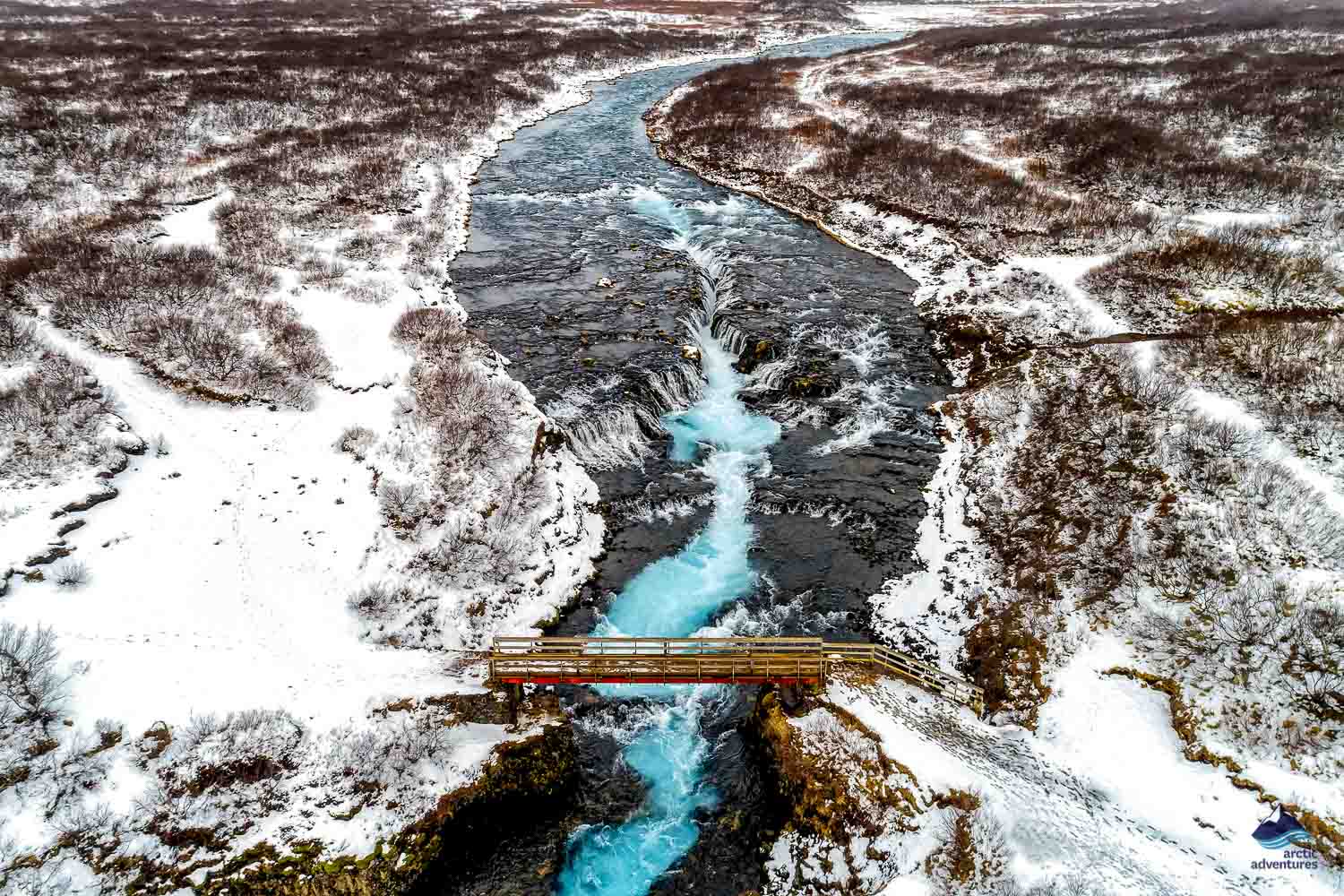 Aerial view of Bruarfoss Waterfall in Iceland
