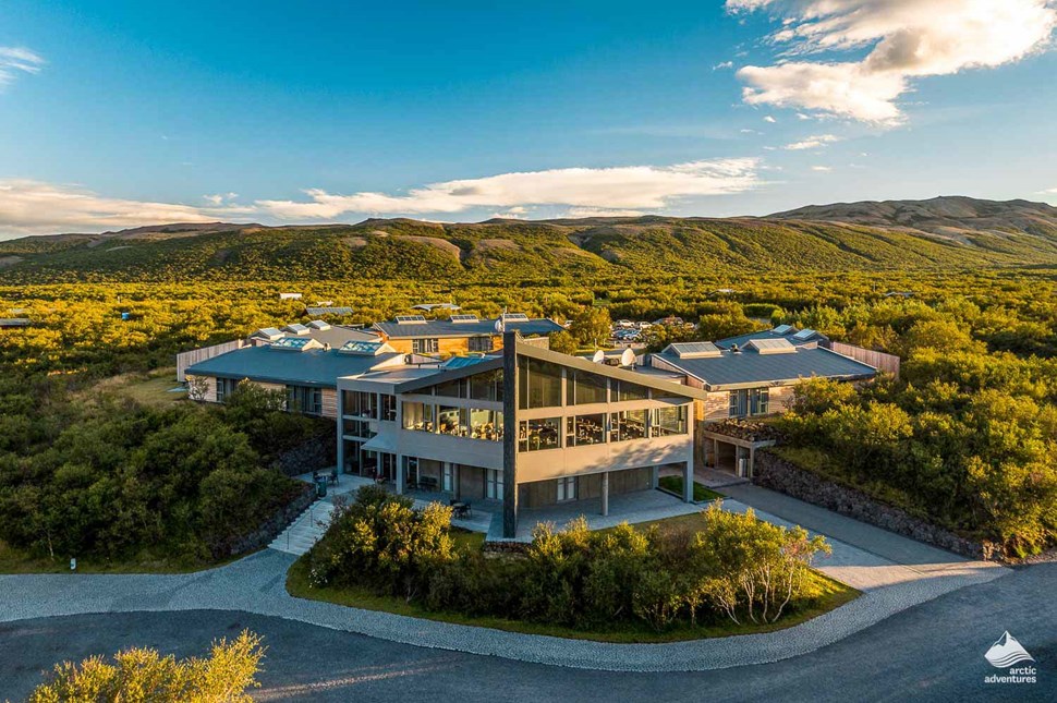 Aerial view of Husafell Hotel in Iceland